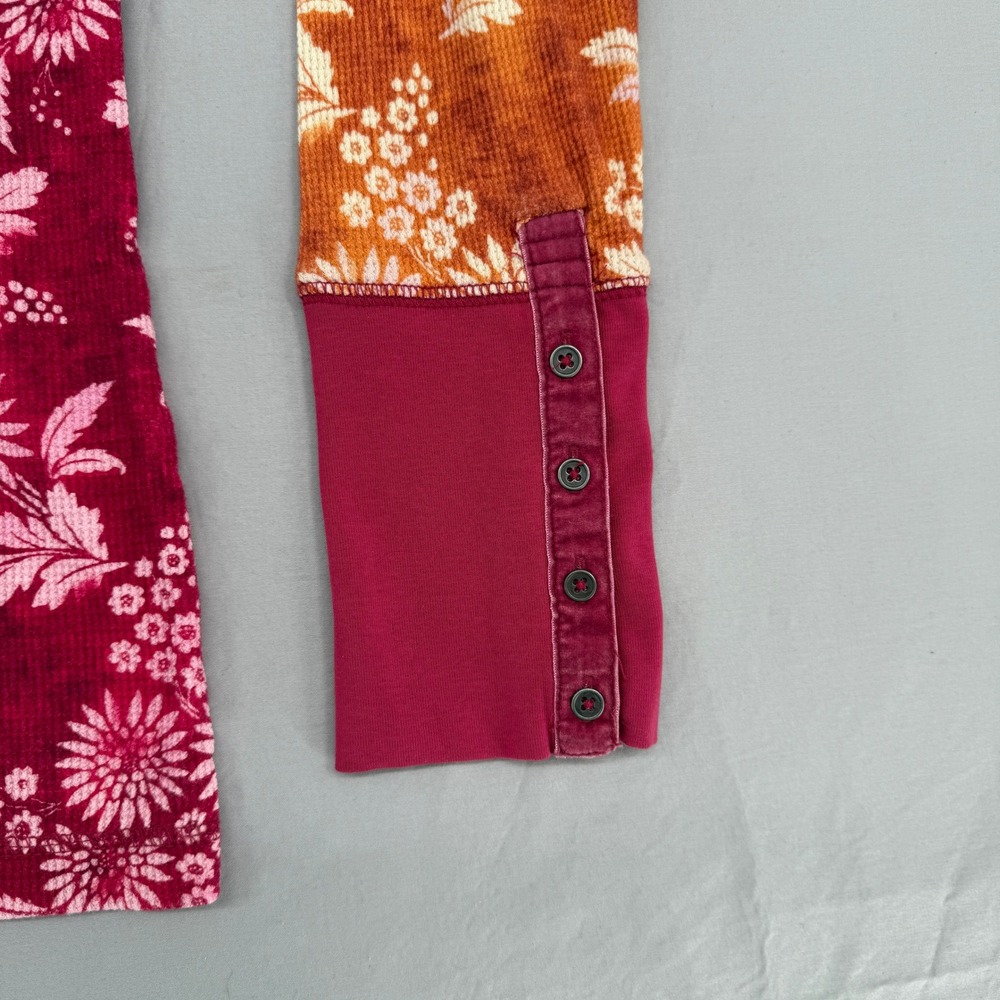 Sundance Floral Waffle Knit Thermal Top Burgundy Orange Long Sleeve Button Cuff - Picture 2 of 5
